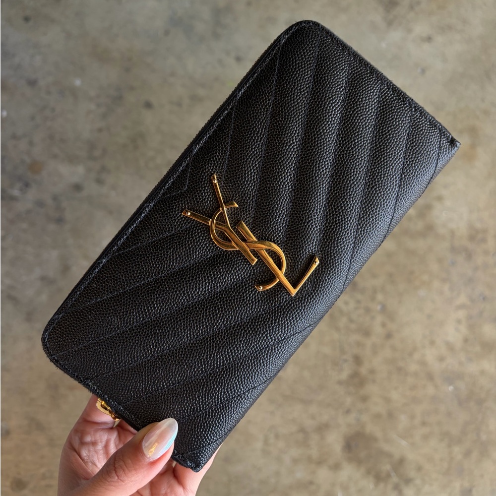 Yves Saint Laurent Black Textured Wallet with Gold Logo